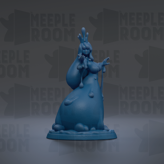 A blue, abstract figurine with a whimsical, ethereal appearance is displayed against a dark background with repeated text.
