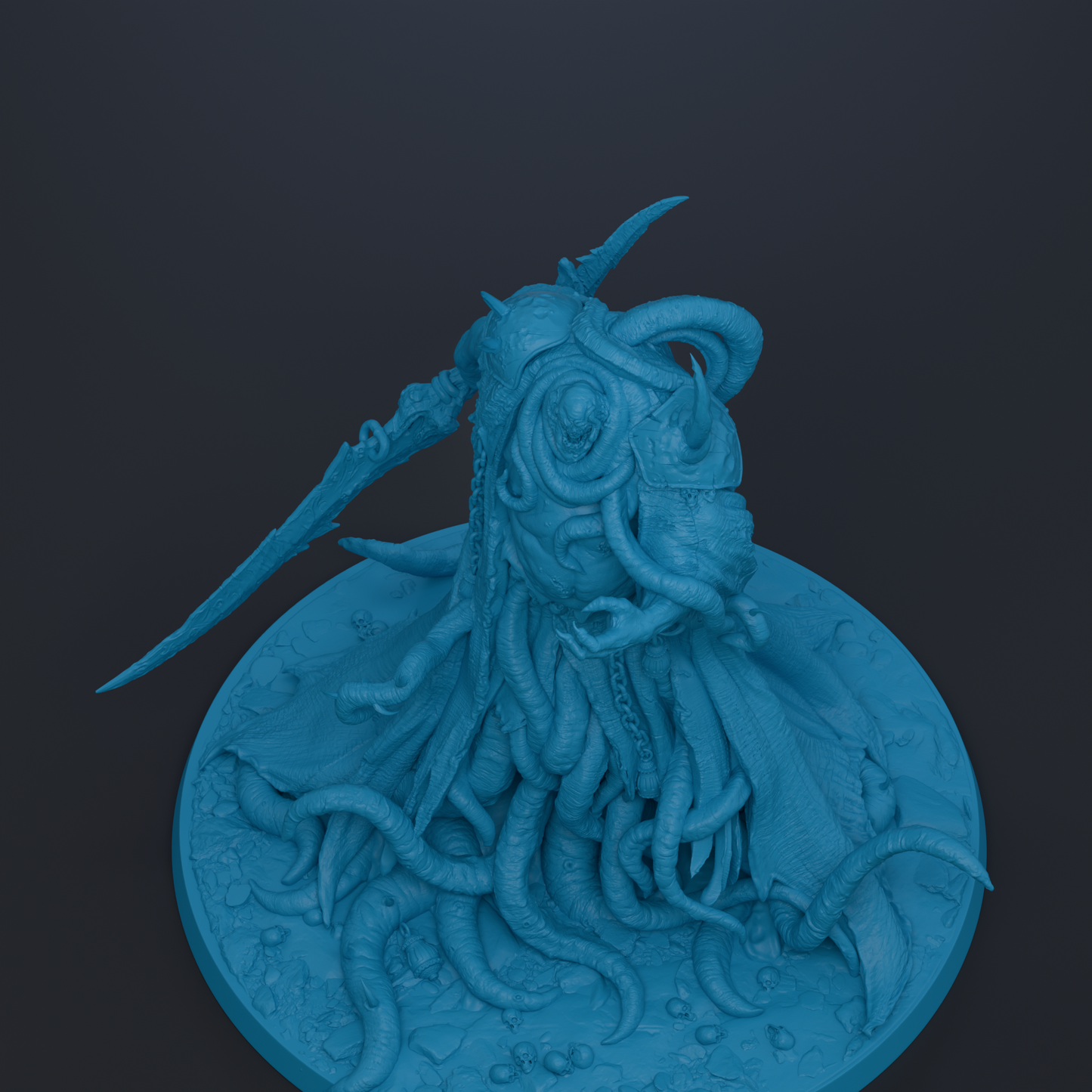 A detailed 3D rendering of a fantastical creature with tentacles, a large head, and a weapon, all rendered in a blue color.