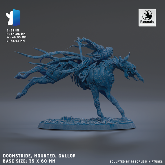 a 3D printed model of a galloping horse with a rider, mounted on a base that is described as 35 x 60 mm. The galloping horse is shown in a dynamic pose, with its legs spread wide and its head turned to the side. The image is a 3D printed model of a galloping horse, mounted on a base that is described as 35 x 60 mm.