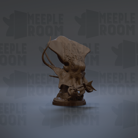 A 3D rendering of a squid-like creature with a large head and long tentacles, standing on a base.