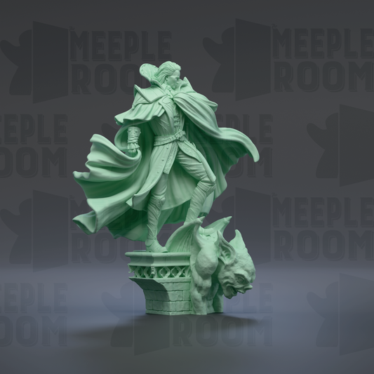 A green statue of a person with flowing robes and a cape, standing on a pedestal and holding a staff, against a dark background with repeated text.