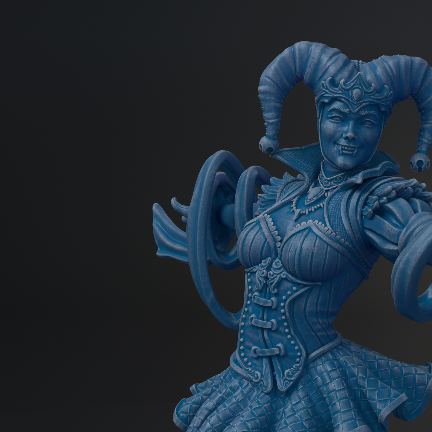 A blue, fantastical statue of a woman with horns and an elaborate costume, set against a dark background.