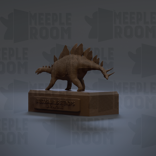 A 3D rendering of a Stegosaurus dinosaur on a pedestal, with the text "Stegosaurus Stenops" and "Lite. J.R. 3.5 cm" visible.