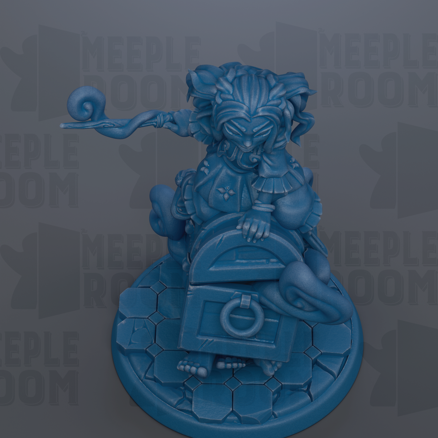 A blue figurine of a fantastical creature, possibly a dragon or serpent, sitting on a pedestal and holding a staff.