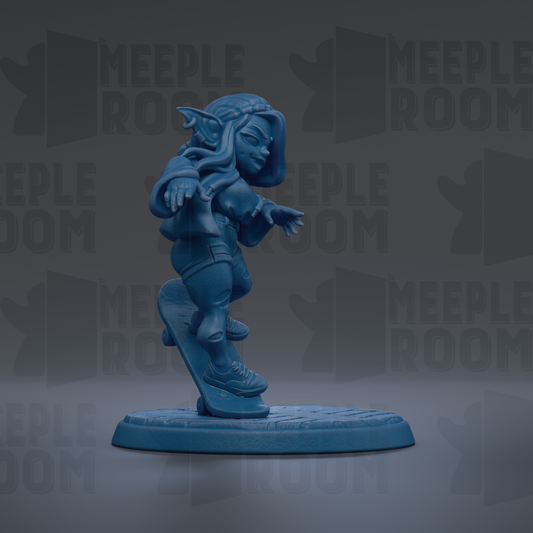 A blue figurine of a person riding a skateboard is shown against a dark background with repeated text.