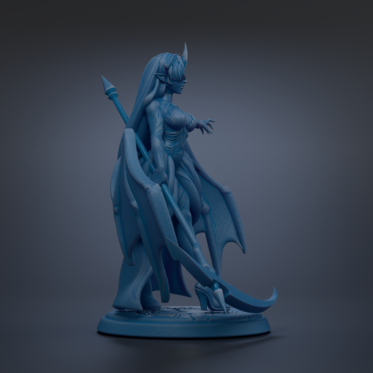 A blue, winged female figure holding a weapon stands on a base against a dark background.