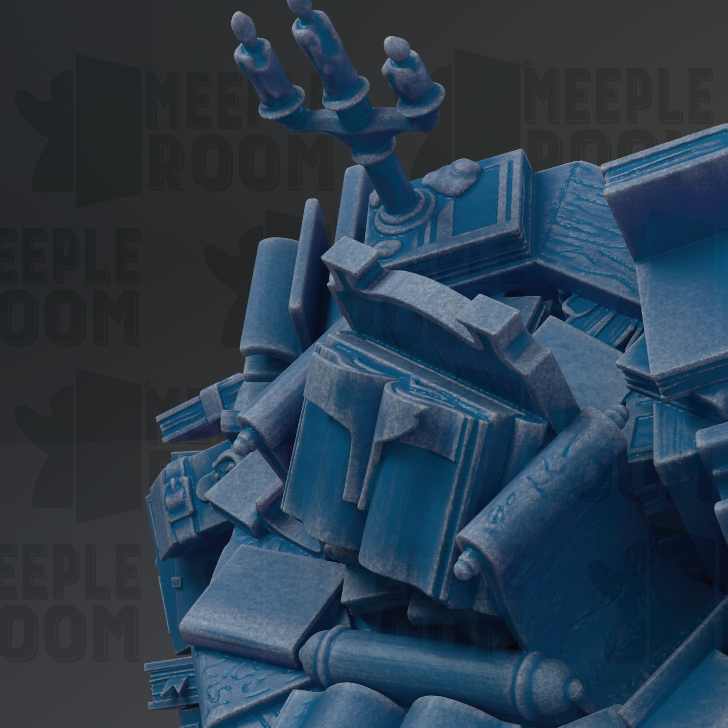 The image is a 3D rendering of a blue, abstract sculpture composed of various geometric shapes and forms, including cubes, cylinders, and cones.