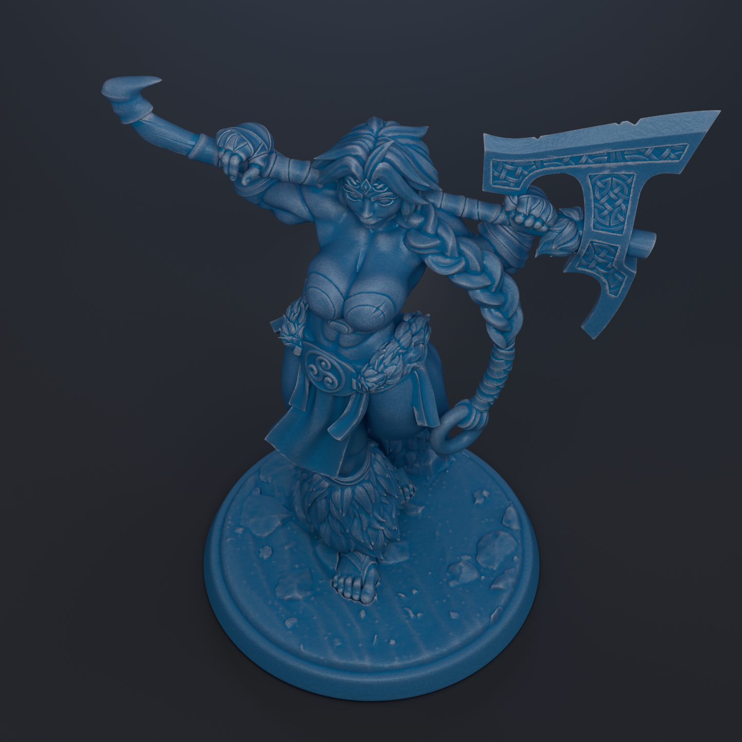 A blue figurine of a female warrior standing on a base, holding a large weapon in her right hand.