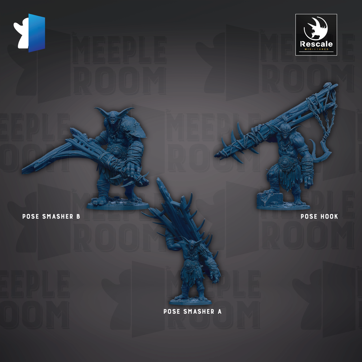three blue figurines of fantastical creatures, each with unique poses and weapons, arranged against a dark background with repeated text.