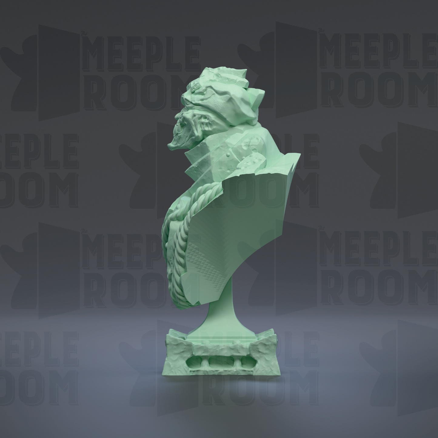 A green bust sculpture is displayed against a dark background with repeated text.