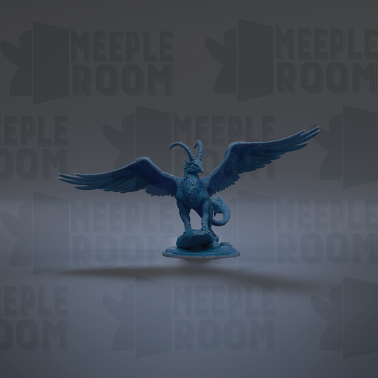 A blue statue of a winged creature with horns and wings, standing on a pedestal against a dark background with repeated text.