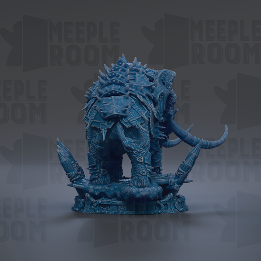 A detailed 3D model of a blue, armored creature resembling a dragon or mythical beast, with sharp teeth and spikes on its back.