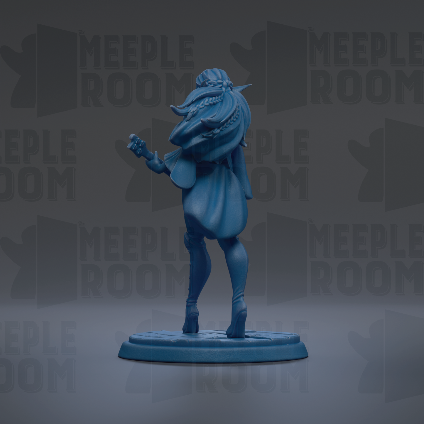 A blue figurine of a person playing a guitar is shown against a dark background with repeated text.