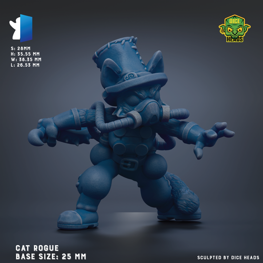 A 3D model of a blue, cartoonish character resembling a cat or feline, with a large hat and various mechanical or mechanical elements attached to it. The character appears to be a base model for a game or toy, as indicated by the text "CAT ROGUE BASE SIZE: 25 MM" and "Sized by dice heads".