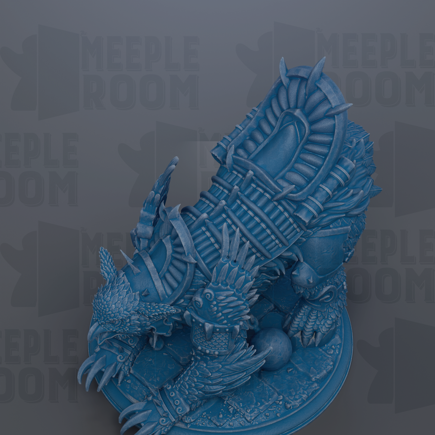 A detailed 3D rendering of a blue armored creature, possibly a dragon or mythical beast, with intricate armor and sharp talons.