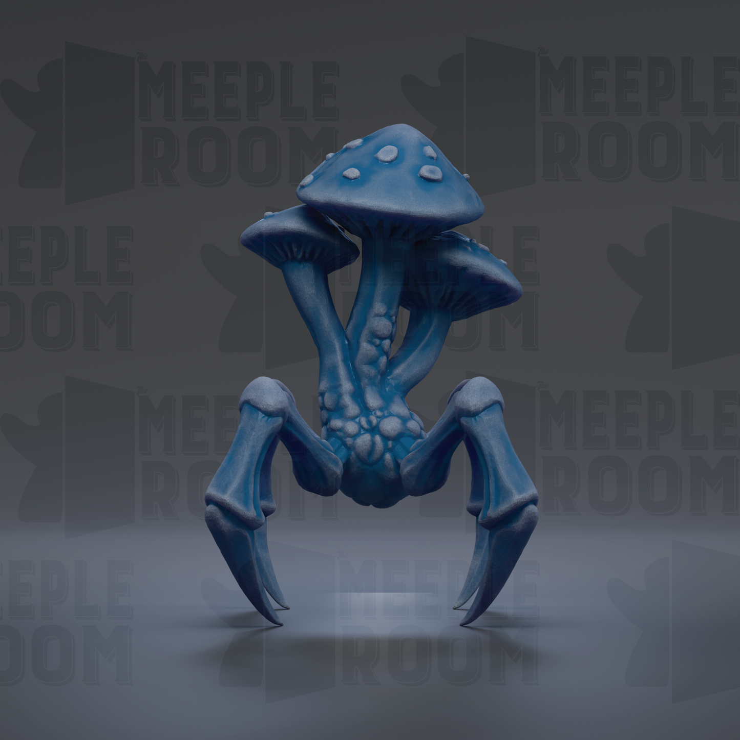 A blue, mushroom-like creature with sharp claws and a large head stands prominently in the center of the image against a dark background.