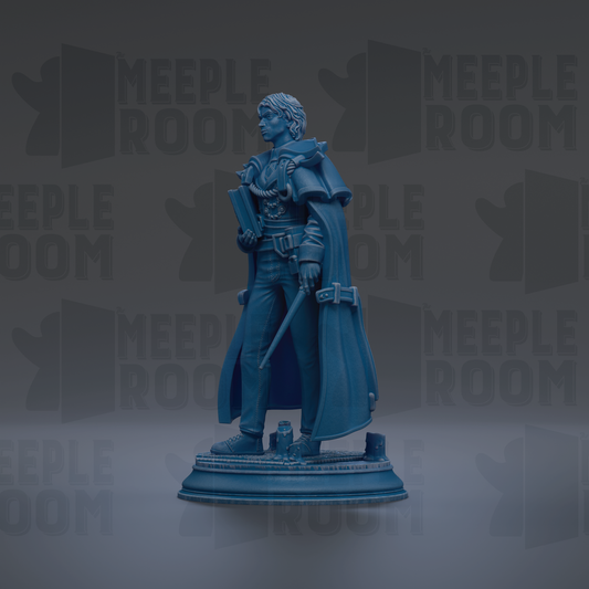 A blue statue of a person standing on a pedestal, holding a book and a sword.