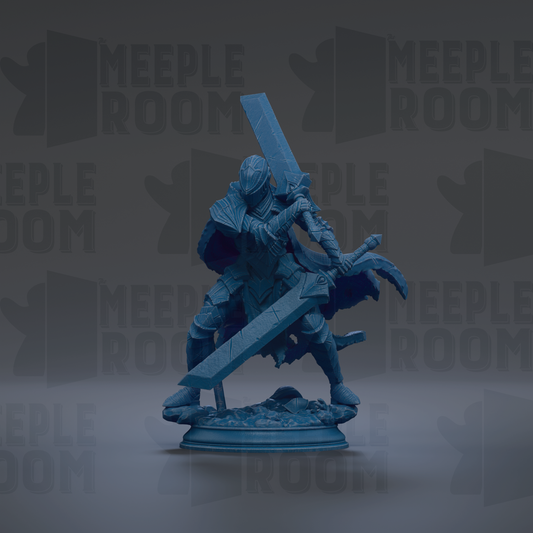 A blue figurine of a warrior wielding a sword and shield stands on a base against a dark background with repeated text.