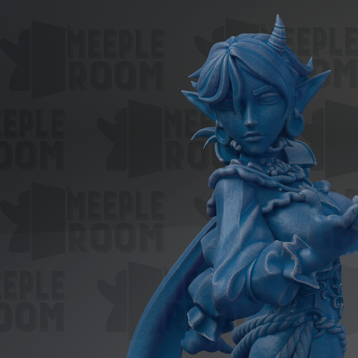 A blue statue of a female character with horns and a flowing robe, set against a dark background with repeated text.