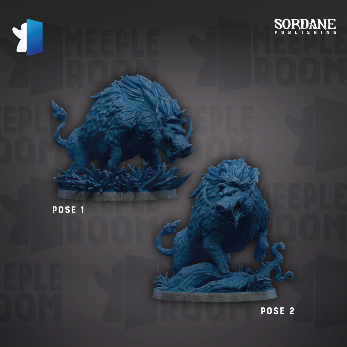 two blue sculptures of fierce-looking creatures, possibly mythical or fantasy-inspired, set against a dark background with repeated text.