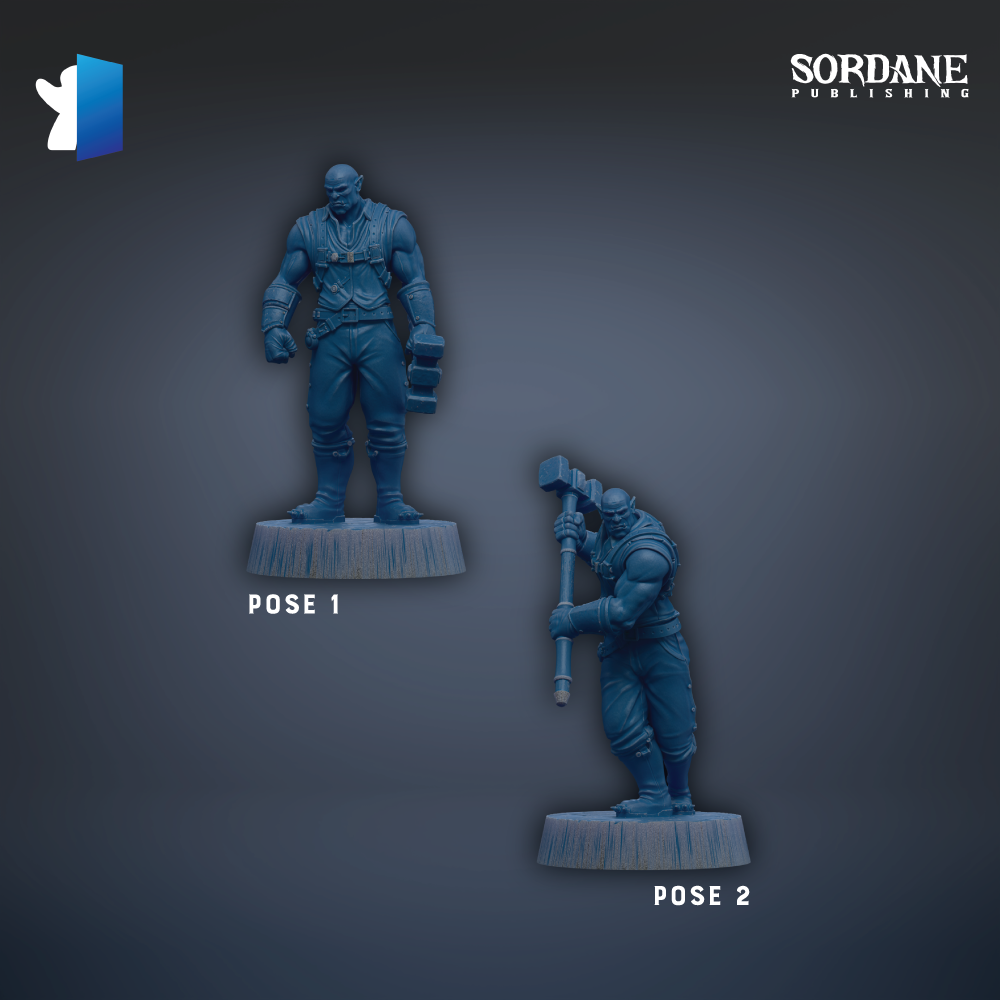 two blue figurines, one standing upright and the other kneeling, both holding a hammer.