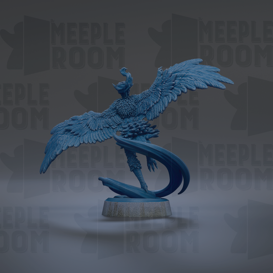 A blue, winged statue of a mythical creature, possibly a dragon or phoenix, standing on a pedestal against a dark background with repeated text.