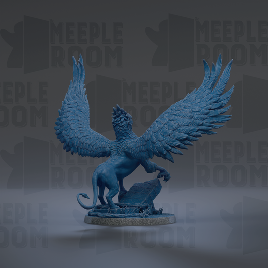 A blue winged statue of a lion with its wings spread wide, standing on a pedestal.