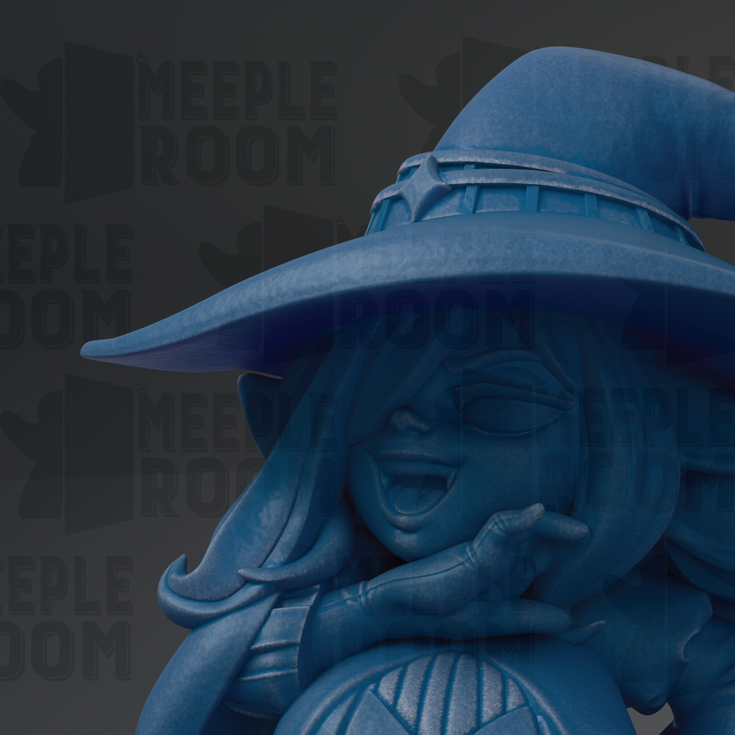 A close-up of a blue, cartoonish character wearing a pointed hat, with a whimsical expression.