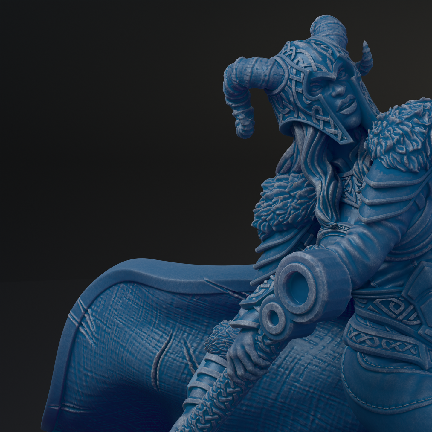 A detailed 3D rendering of a blue, armored figure with horns and a helmet, holding a weapon.