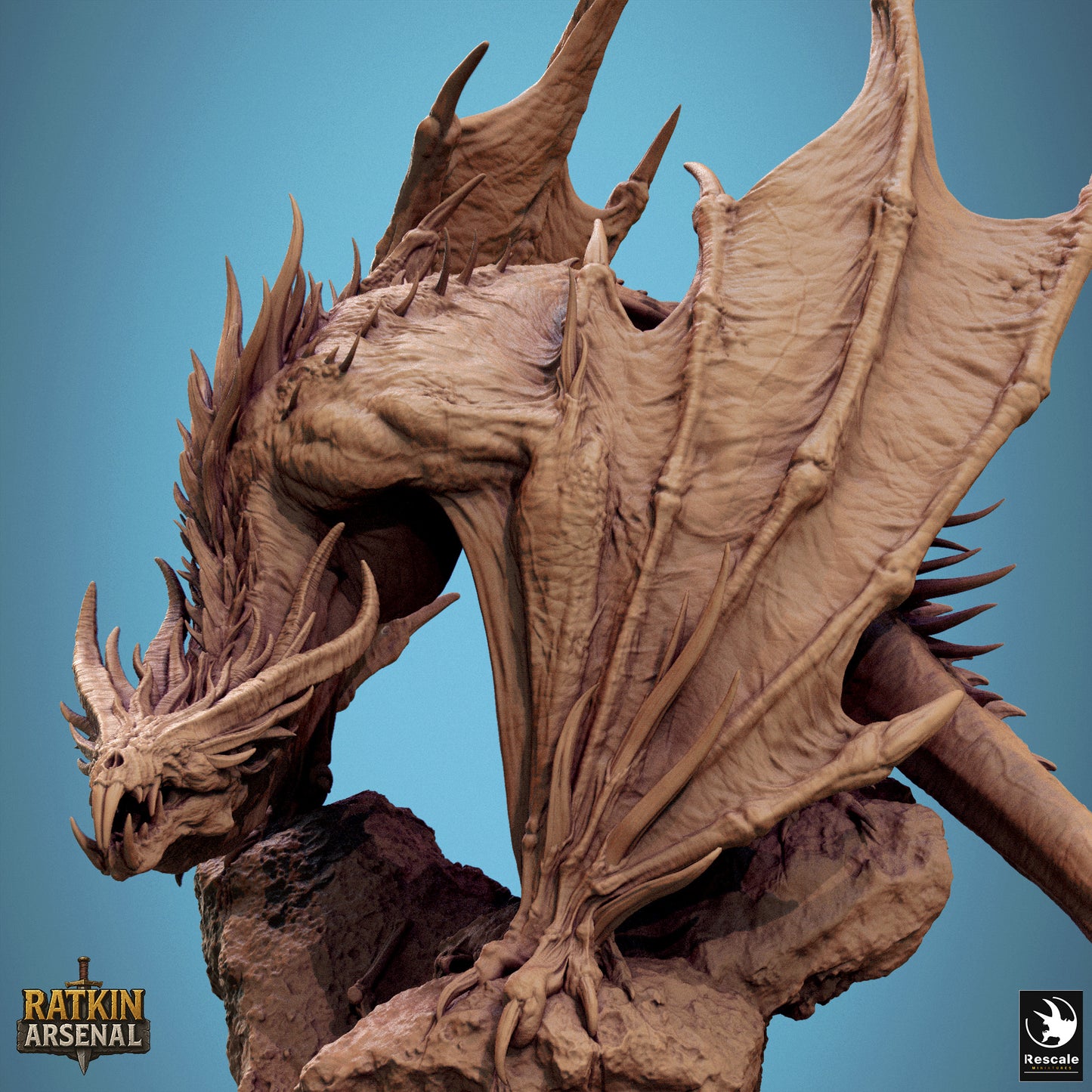 A detailed 3D rendering of a dragon sculpture, with intricate textures and realistic features, set against a blue background.