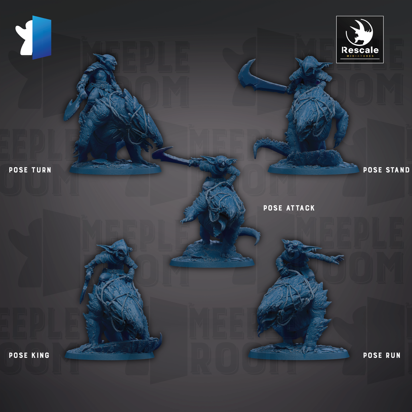 five blue figurines of fantasy creatures, each with unique poses and actions, arranged in a grid-like pattern against a dark background.