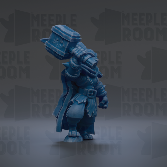 A blue, armored figure stands in the center of the image against a dark background with repeated text.