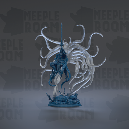 A blue figurine of a knight holding a sword stands on a base, surrounded by a large, abstract design resembling tentacles or a dragon.