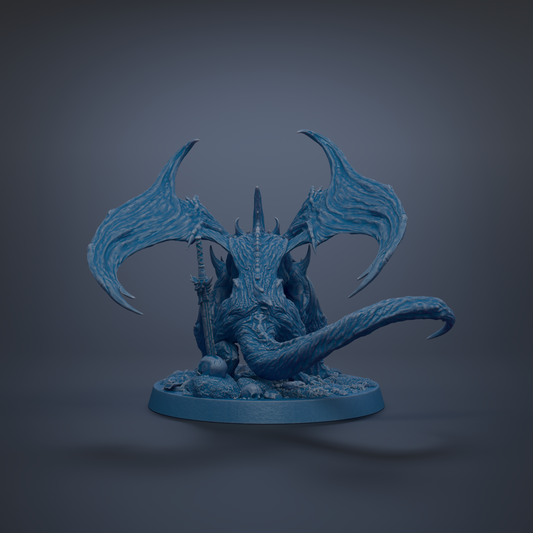A 3D rendering of a blue dragon-like creature with large wings and sharp teeth, standing on a blue base.