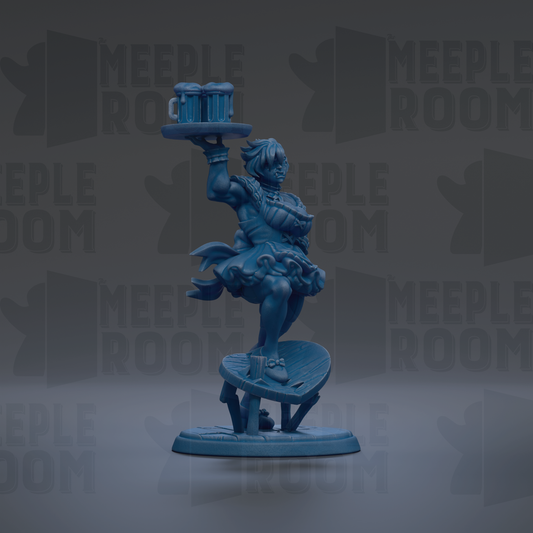 A blue figurine of a woman holding a tray with two mugs on it, standing on a platform.