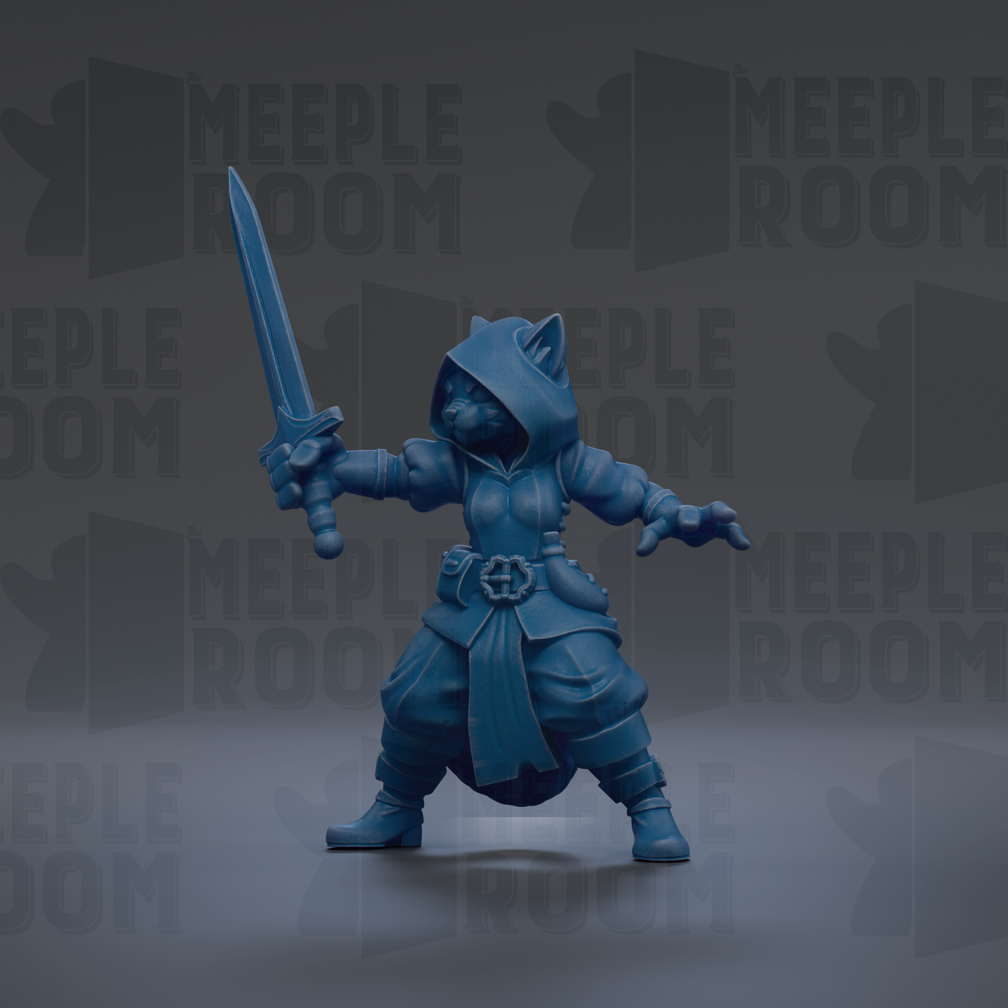 A blue figurine of a cat-like creature holding a sword and standing in a fighting stance.