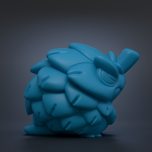 A blue, 3D-rendered cartoon-like creature with a large head and small body, sitting on a dark surface.