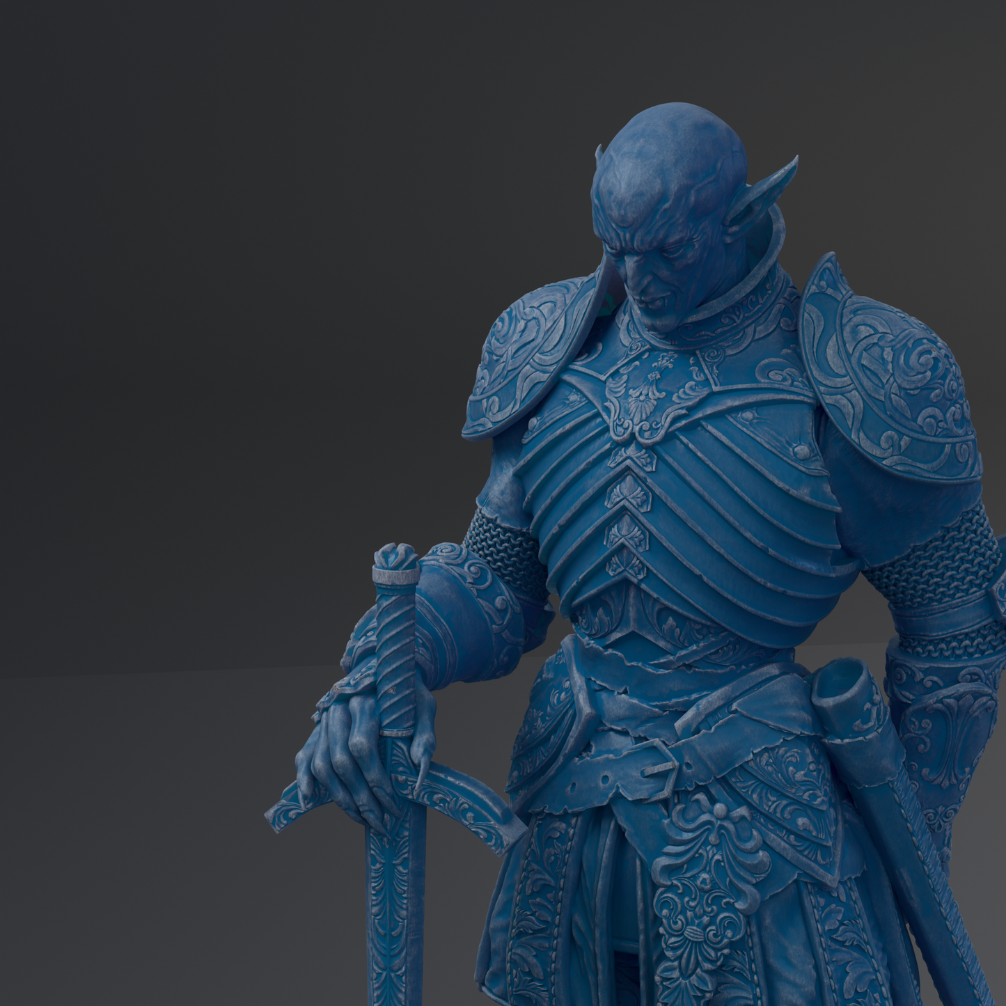 A detailed 3D rendering of a blue armored knight figure holding a sword.