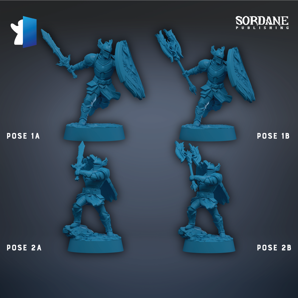 four blue figurines of knights, each in a different pose, arranged in a grid against a dark background.