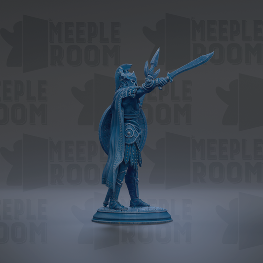A blue statue of a warrior figure holding a sword and shield, standing on a pedestal against a dark background with repeated text.
