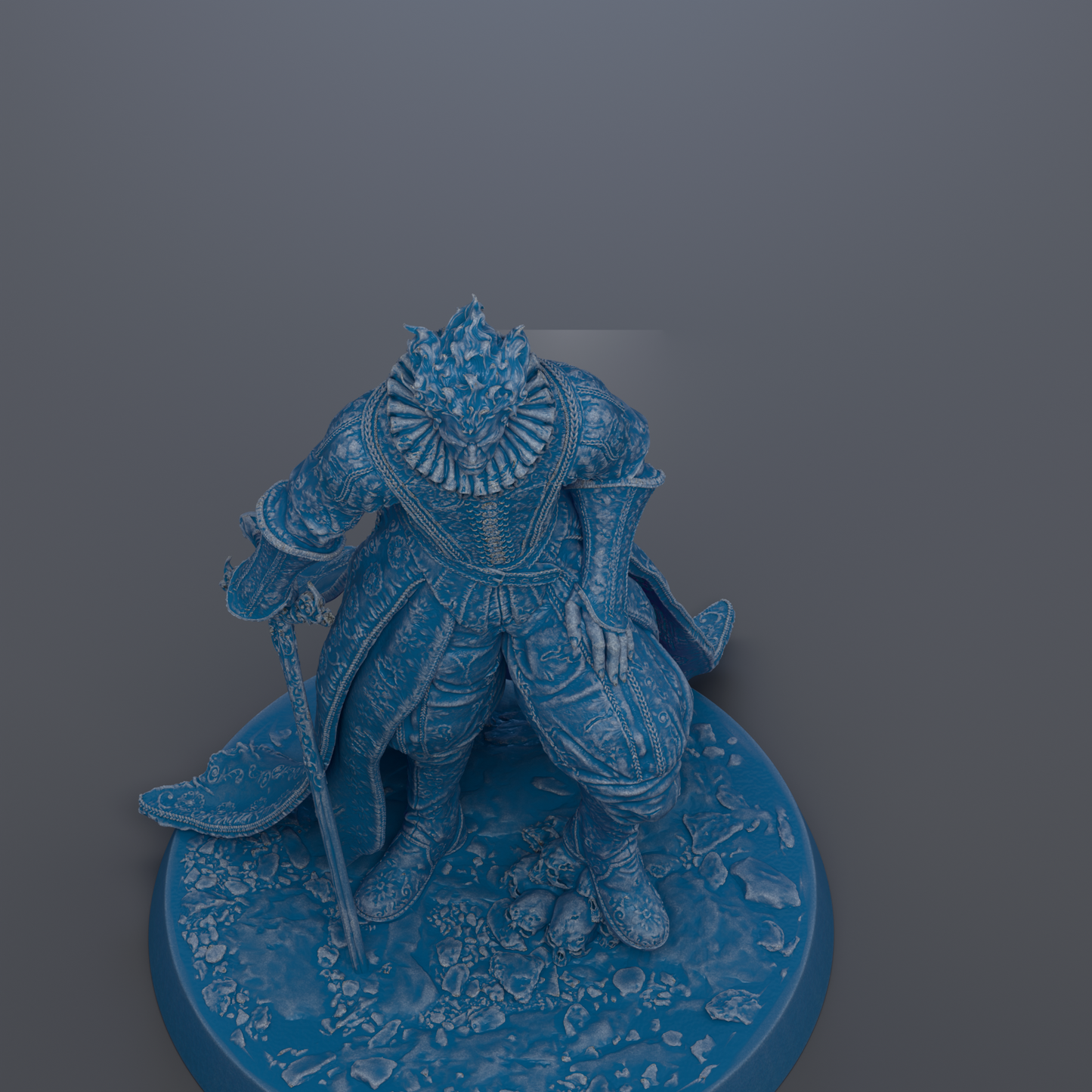 A detailed 3D rendering of a blue, ornate statue depicting a figure with a crown and holding a staff.