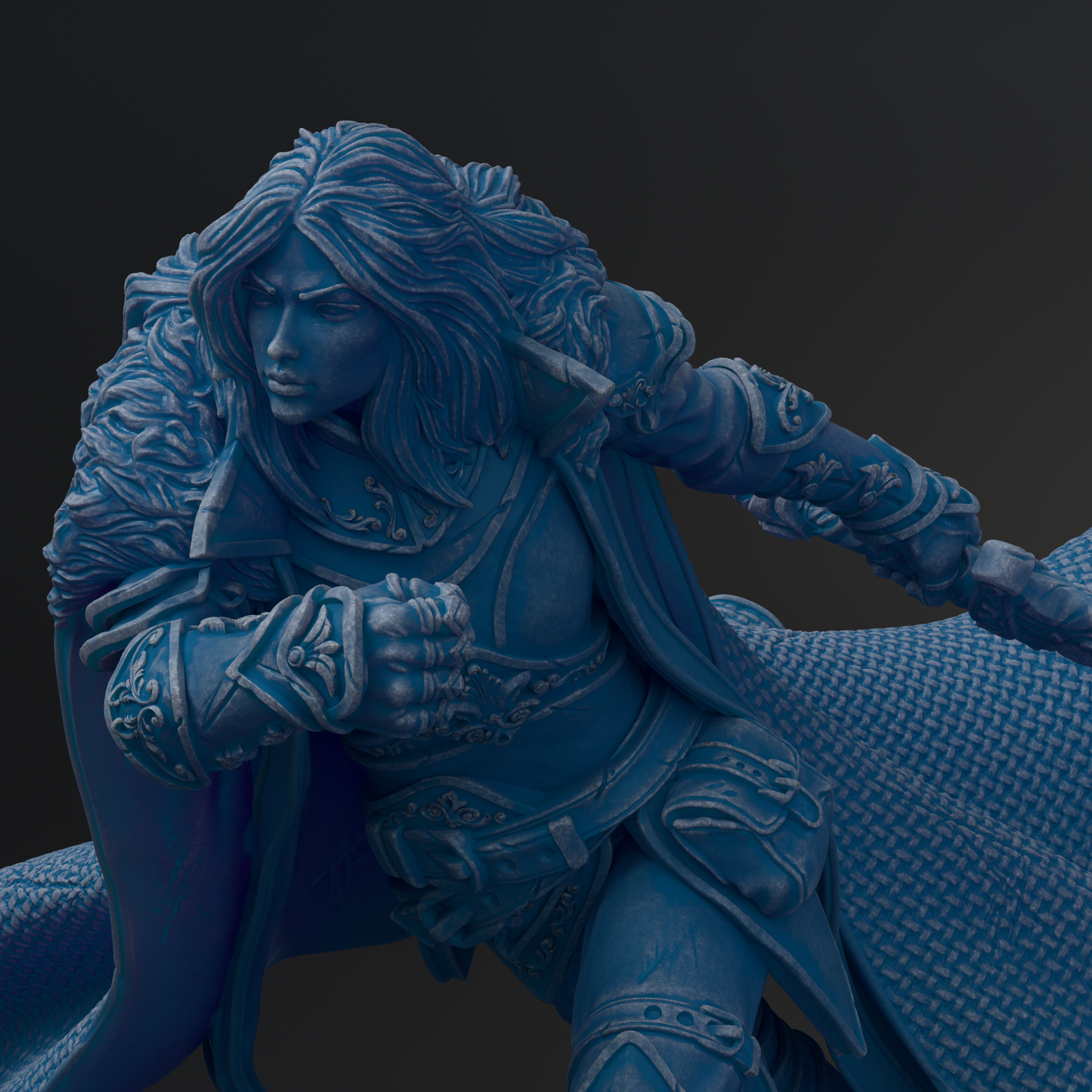 A detailed 3D rendering of a female character with long hair, wearing ornate armor and wielding a sword.