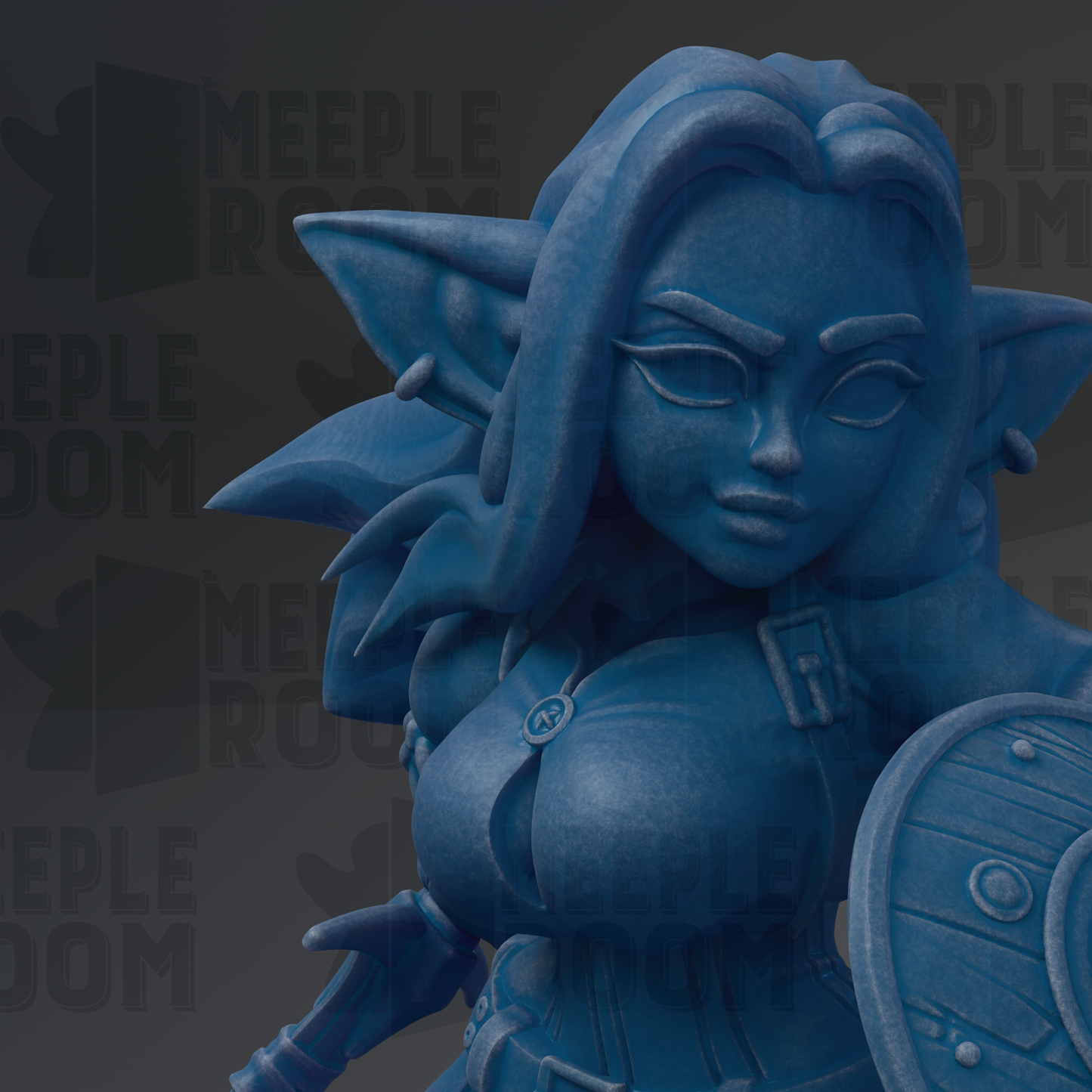 A close-up of a blue, cartoonish female character with a serious expression, wearing a helmet and holding a shield.