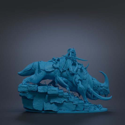 A 3D rendering of a blue sculpture depicting a large, fantastical creature with a human-like face and body.