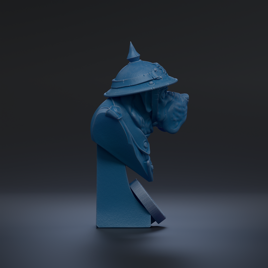 A blue bust sculpture of a person wearing a hat with a pointed top, standing on a pedestal against a dark background.