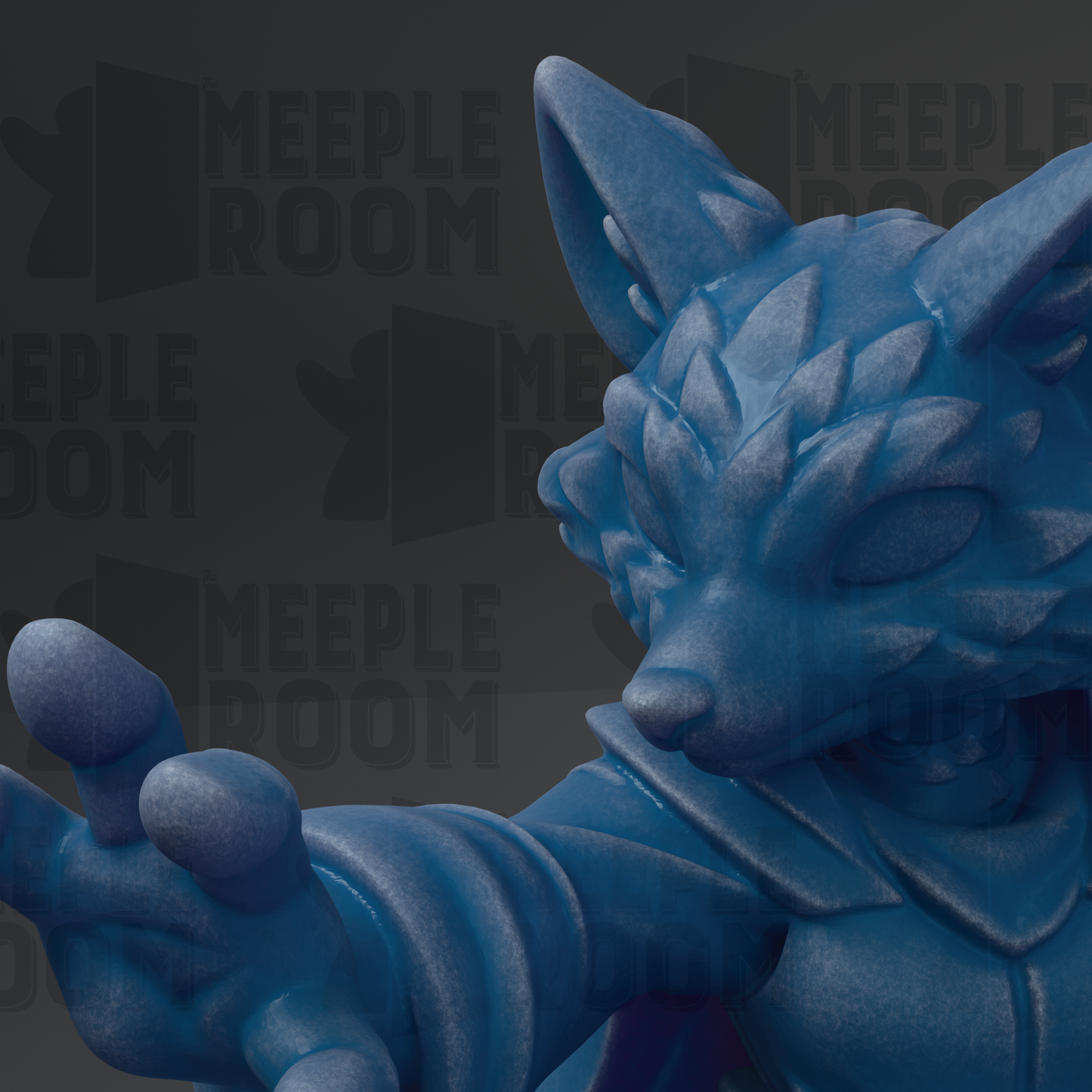 A close-up view of a blue, sculpted fox-like creature with sharp teeth and claws, appearing to be in a dynamic pose.