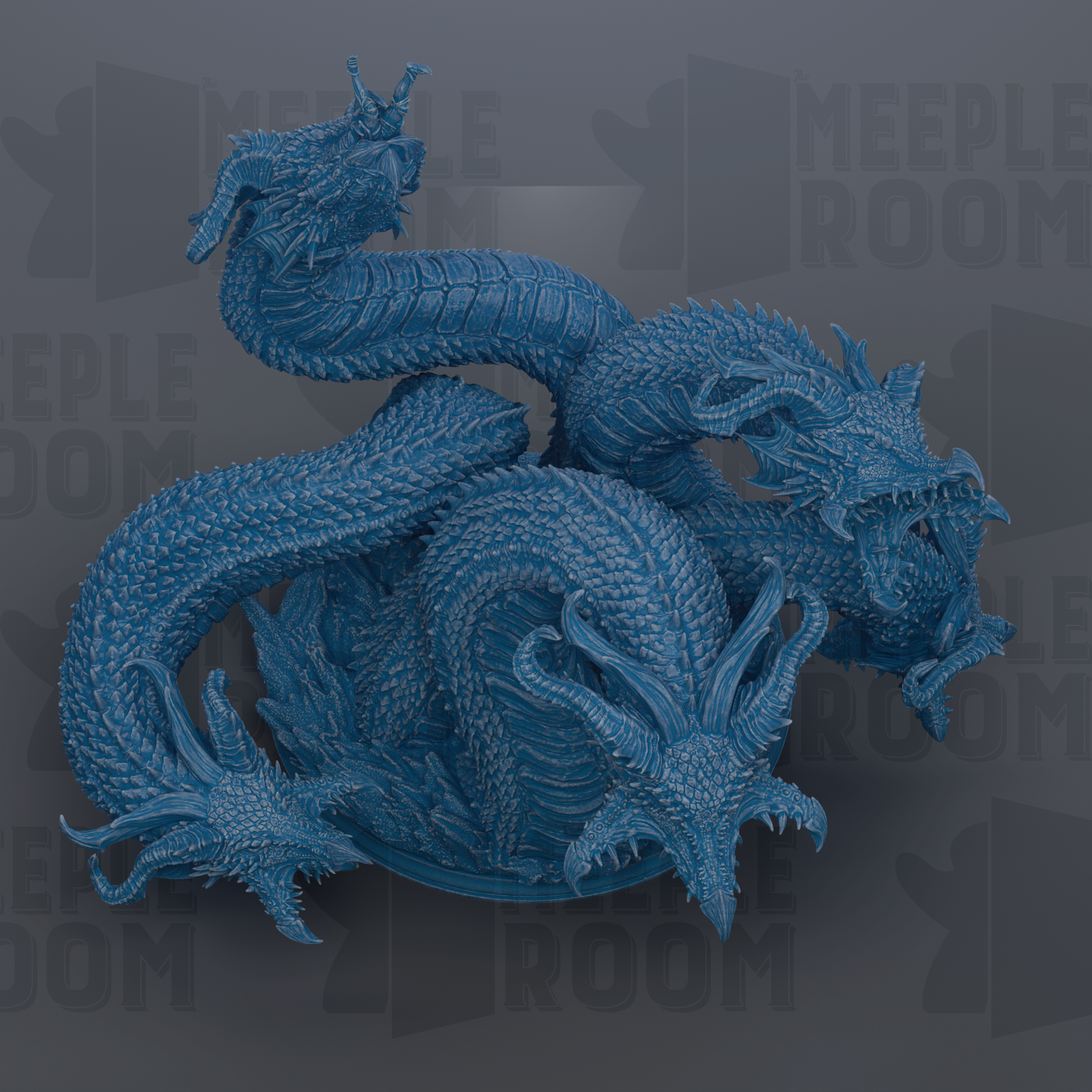 A large, intricate blue dragon sculpture with multiple heads and sharp teeth, set against a dark background with repeated text.