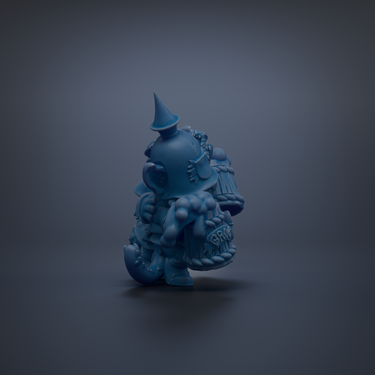 A blue, whimsical figurine with a pointed hat and a large headdress stands alone against a dark background.