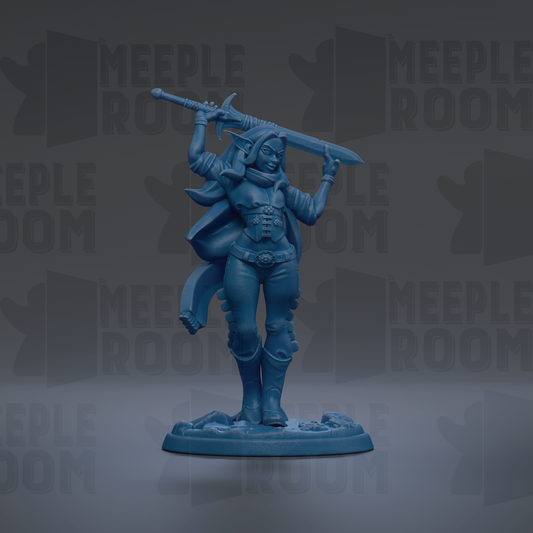 A blue figurine of a female character holding a sword, standing on a base.