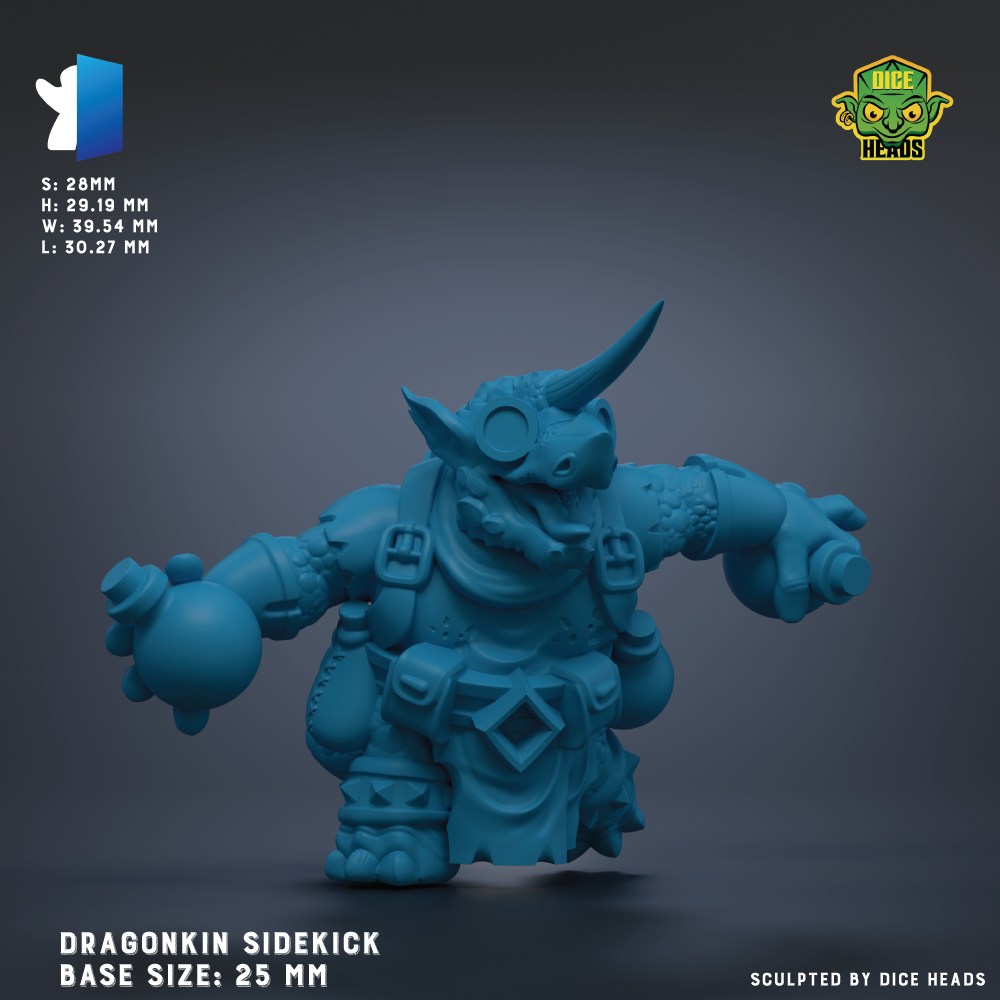 A 3D rendering of a Dragonkin Sidekkick figurine, with the base sizes 25 mm and dimensions H: 29.19 mm W: 33.54 mm L: 30.27 mm. The figurine is posed in a dynamic fighting stance, with a focus on its head and upper body.